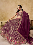 Comely Georgette Thread Embroidery Work Maroon Lehenga Choli For Women