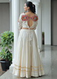 Cotton Gamthi Embroidered Off White Navratri Special Lehenga Choli