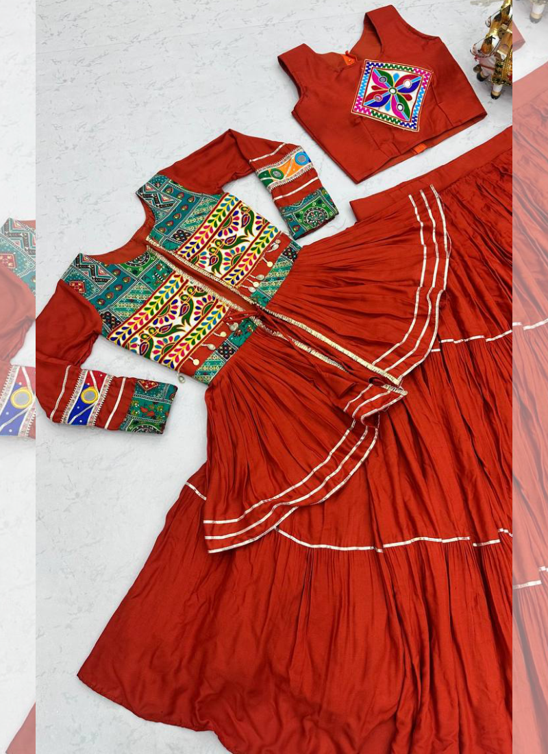 Cotton Orange Gamthi Mirror Work Lehenga Choli With Koti for Garba