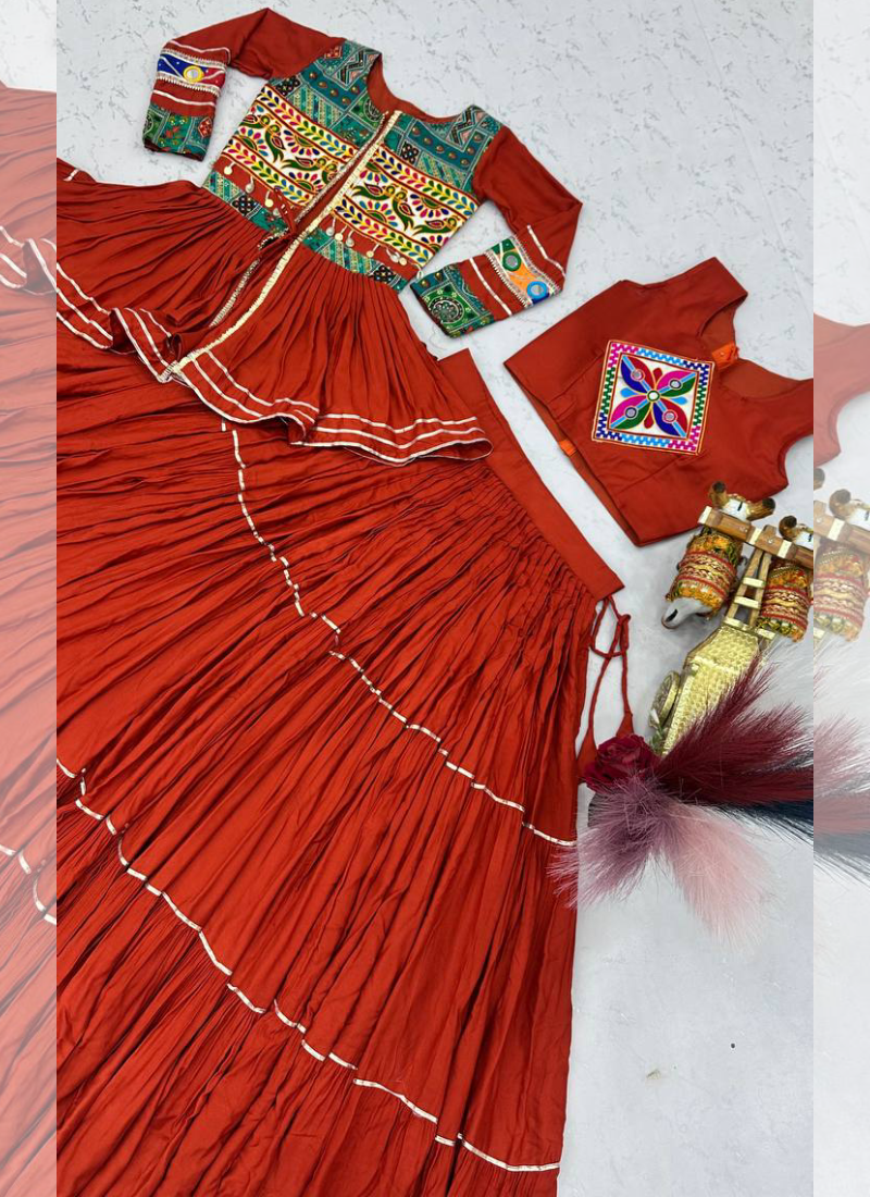 Cotton Orange Gamthi Mirror Work Lehenga Choli With Koti for Garba