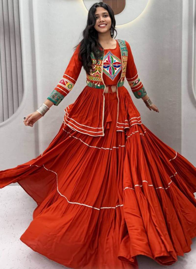 Cotton Orange Gamthi Mirror Work Lehenga Choli With Koti for Garba