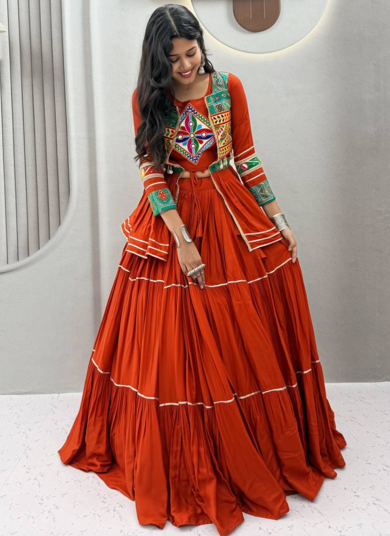 Cotton Orange Gamthi Mirror Work Lehenga Choli With Koti for Garba