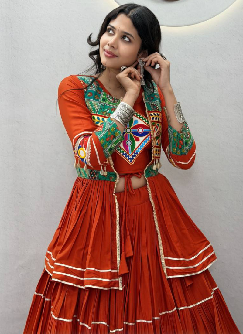 Cotton Orange Gamthi Mirror Work Lehenga Choli With Koti for Garba