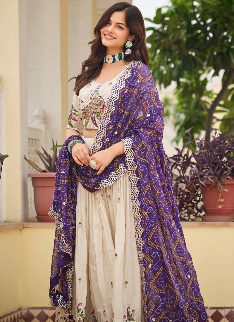 Cream Function Wear Pure Tissue Silk Heavy Embroidered Lehenga Choli