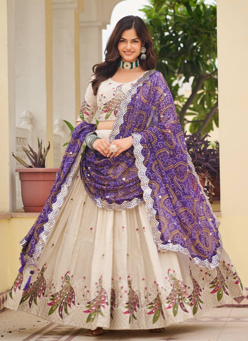 Cream Function Wear Pure Tissue Silk Heavy Embroidered Lehenga Choli