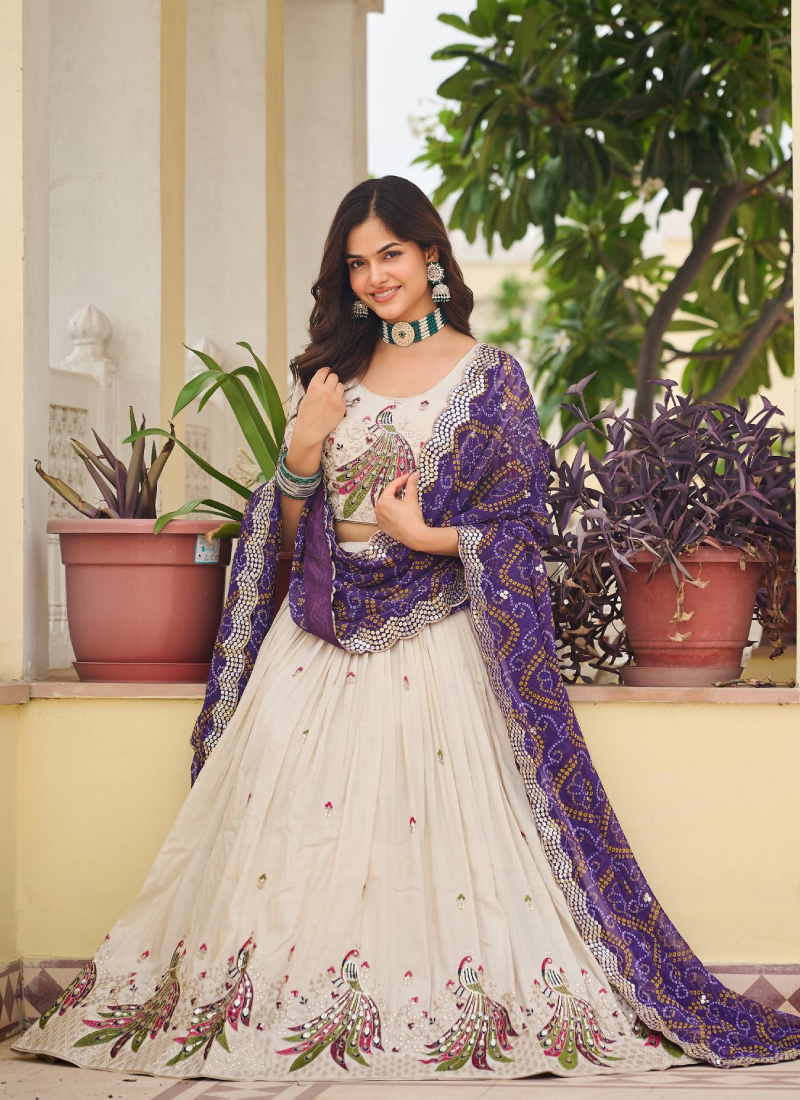 Cream Function Wear Pure Tissue Silk Heavy Embroidered Lehenga Choli