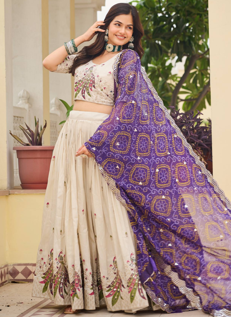 Cream Function Wear Pure Tissue Silk Heavy Embroidered Lehenga Choli