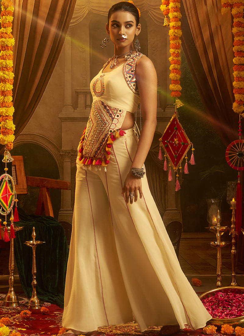 Cream Georgette Thread Mirror Embroidery Top With Palazzo For Navratri