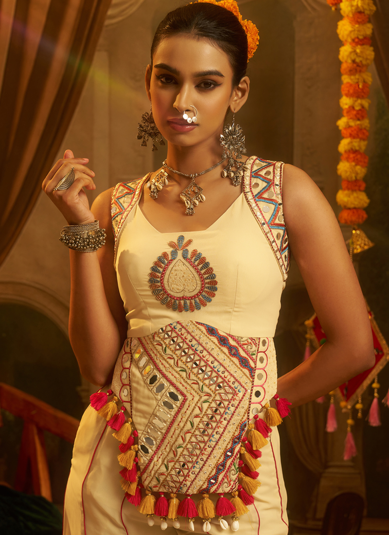 Cream Georgette Thread Mirror Embroidery Top With Palazzo For Navratri