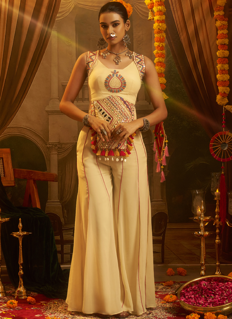 Cream Georgette Thread Mirror Embroidery Top With Palazzo For Navratri