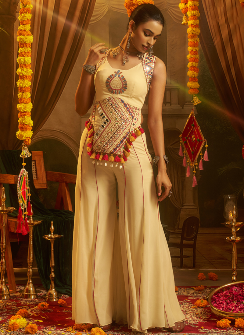 Cream Georgette Thread Mirror Embroidery Top With Palazzo For Navratri