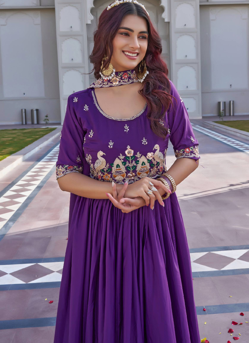 Crepe Silk Coding Sequence Work Wedding Wear Purple Gown With Dupatta