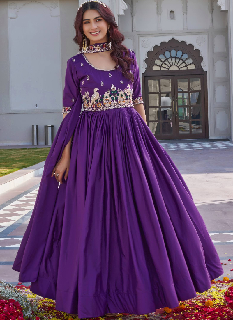 Crepe Silk Coding Sequence Work Wedding Wear Purple Gown With Dupatta
