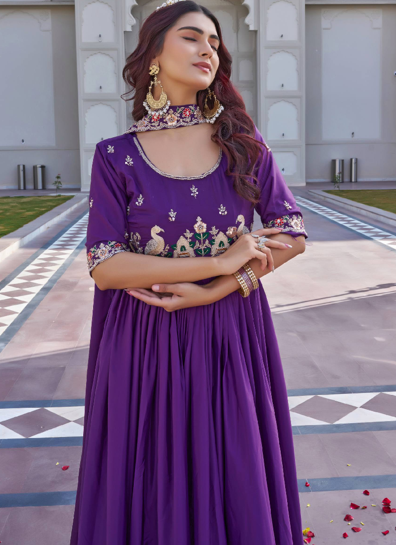 Crepe Silk Coding Sequence Work Wedding Wear Purple Gown With Dupatta