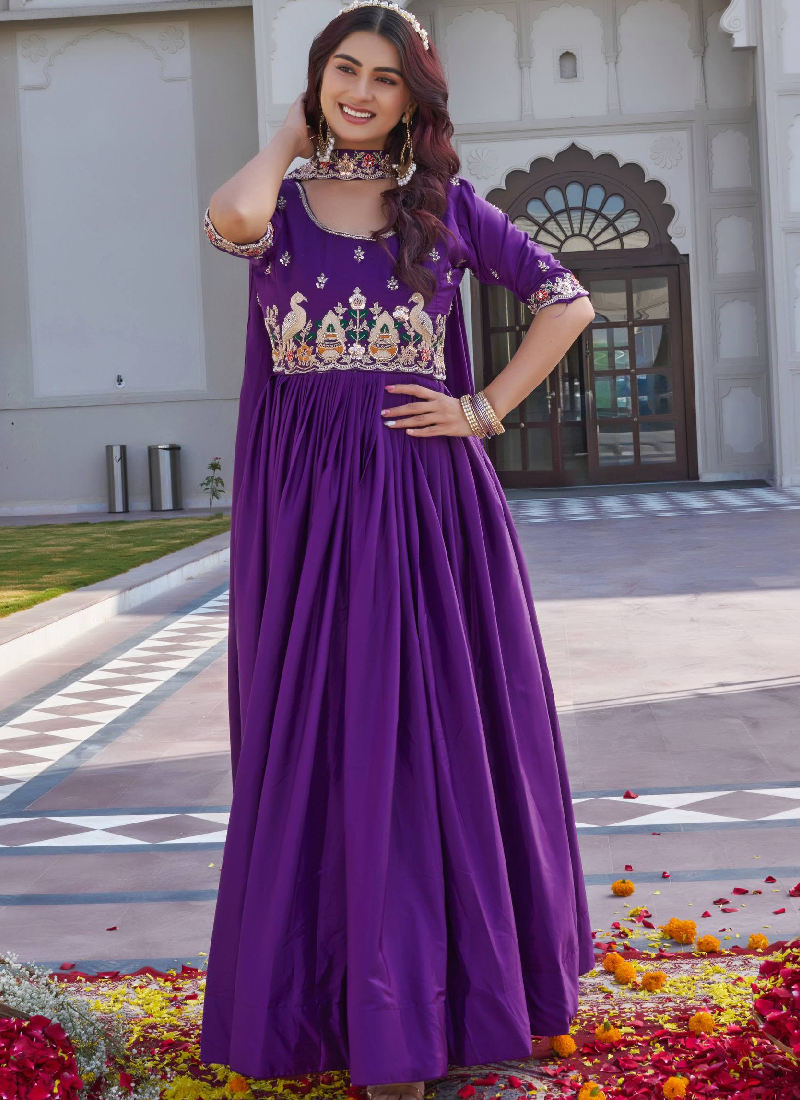 Crepe Silk Coding Sequence Work Wedding Wear Purple Gown With Dupatta