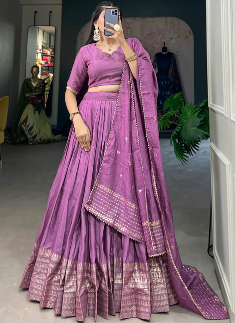 Customary Purple Plain Zari Weaving Work Pure Chanderi Lehenga Choli