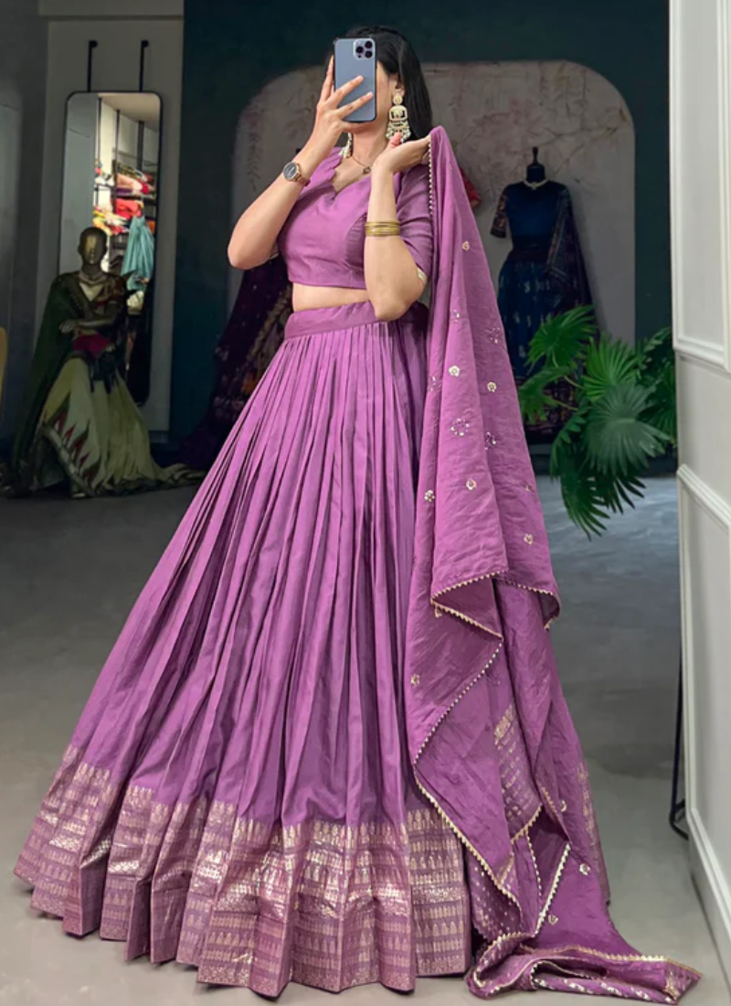 Customary Purple Plain Zari Weaving Work Pure Chanderi Lehenga Choli
