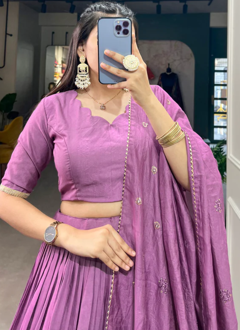 Customary Purple Plain Zari Weaving Work Pure Chanderi Lehenga Choli