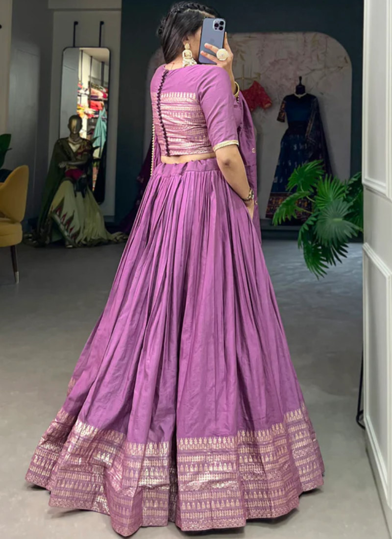 Customary Purple Plain Zari Weaving Work Pure Chanderi Lehenga Choli
