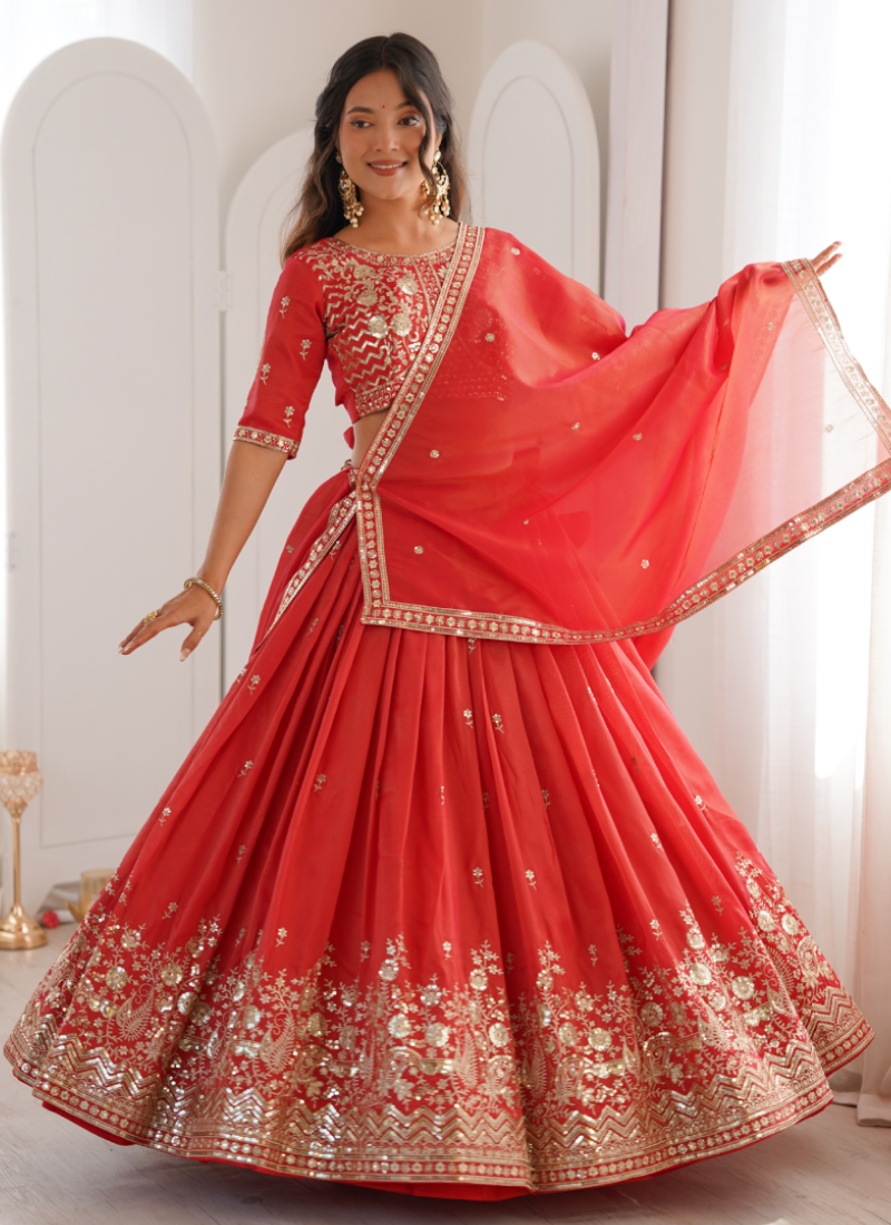 Customary Red Heavy Embroidered Shimmer Silk Lehenga Choli For Women