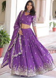 Dainty Purple Zari Embroidered Vichitra Silk Lehenga Choli For Wedding