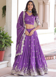 Dainty Purple Zari Embroidered Vichitra Silk Lehenga Choli For Wedding