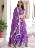 Dainty Purple Zari Embroidered Vichitra Silk Lehenga Choli For Wedding