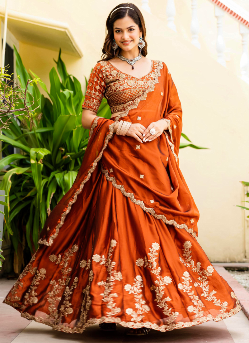 Dainty Zari Embroidered Work Orange Silk Lehenga Choli Set For Women