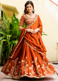 Dainty Zari Embroidered Work Orange Silk Lehenga Choli Set For Women