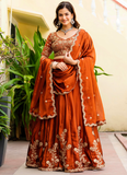 Dainty Zari Embroidered Work Orange Silk Lehenga Choli Set For Women