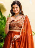 Dainty Zari Embroidered Work Orange Silk Lehenga Choli Set For Women