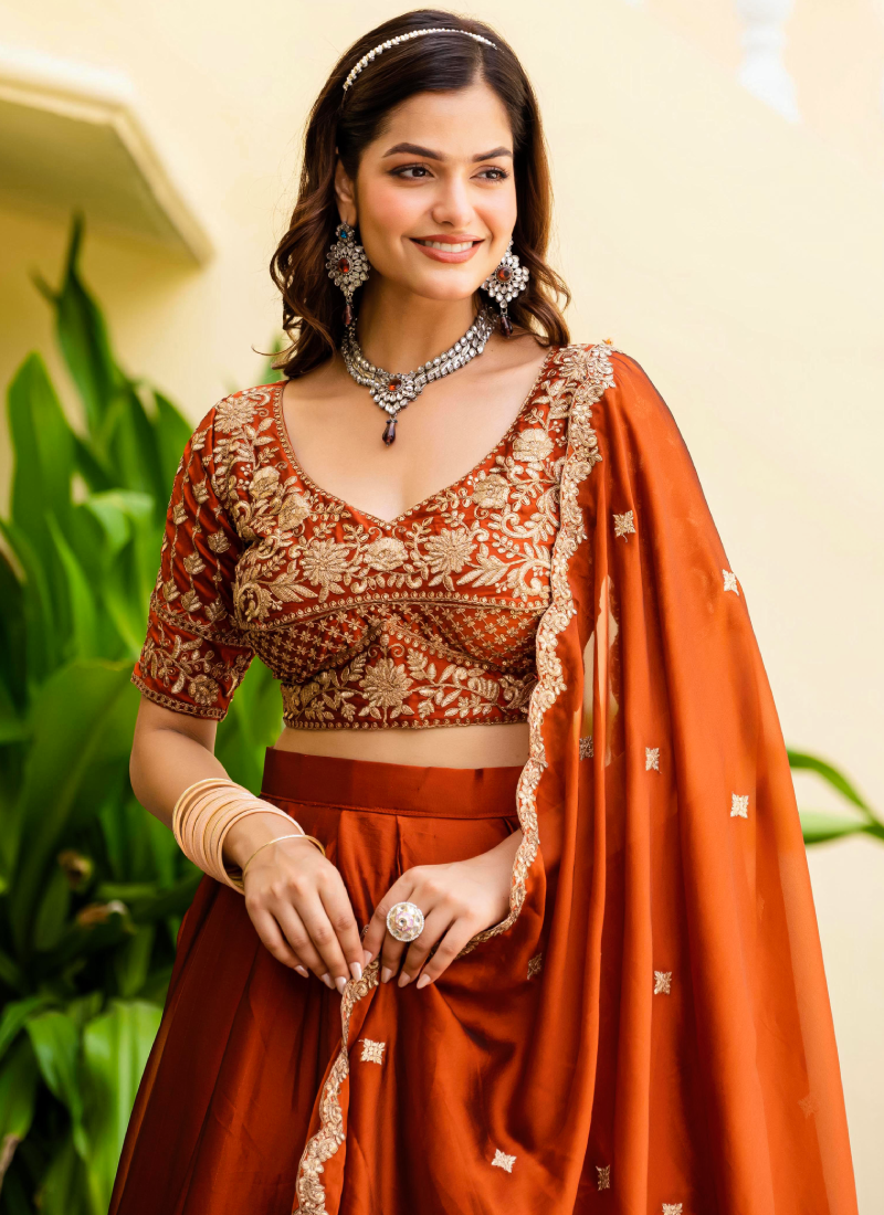 Dainty Zari Embroidered Work Orange Silk Lehenga Choli Set For Women