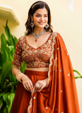 Dainty Zari Embroidered Work Orange Silk Lehenga Choli Set For Women