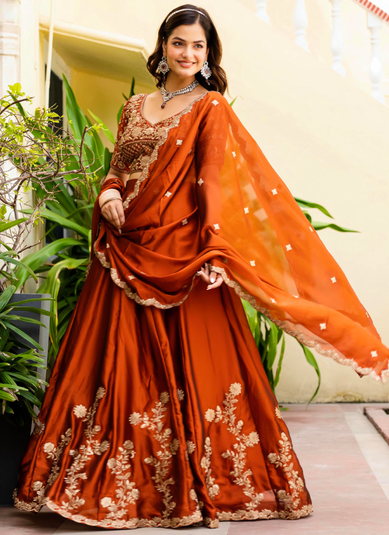 Dainty Zari Embroidered Work Orange Silk Lehenga Choli Set For Women