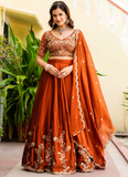 Dainty Zari Embroidered Work Orange Silk Lehenga Choli Set For Women