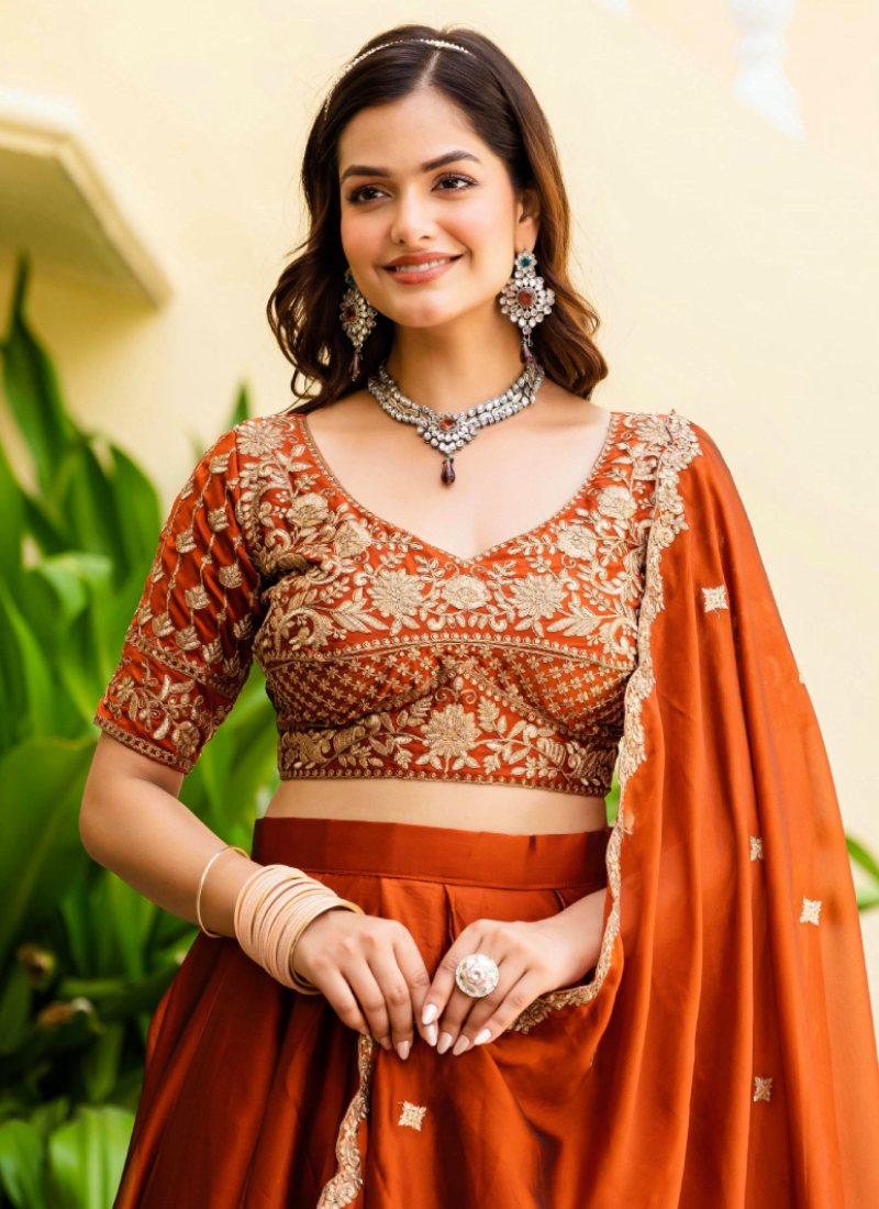 Dainty Zari Embroidered Work Orange Silk Lehenga Choli Set For Women