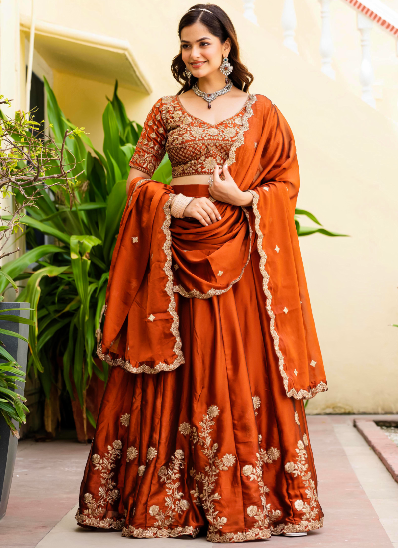 Dainty Zari Embroidered Work Orange Silk Lehenga Choli Set For Women