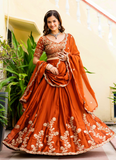 Dainty Zari Embroidered Work Orange Silk Lehenga Choli Set For Women