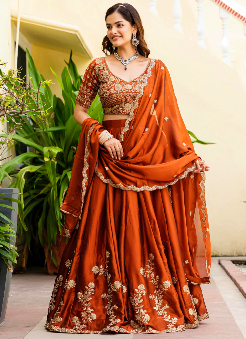 Dainty Zari Embroidered Work Orange Silk Lehenga Choli Set For Women