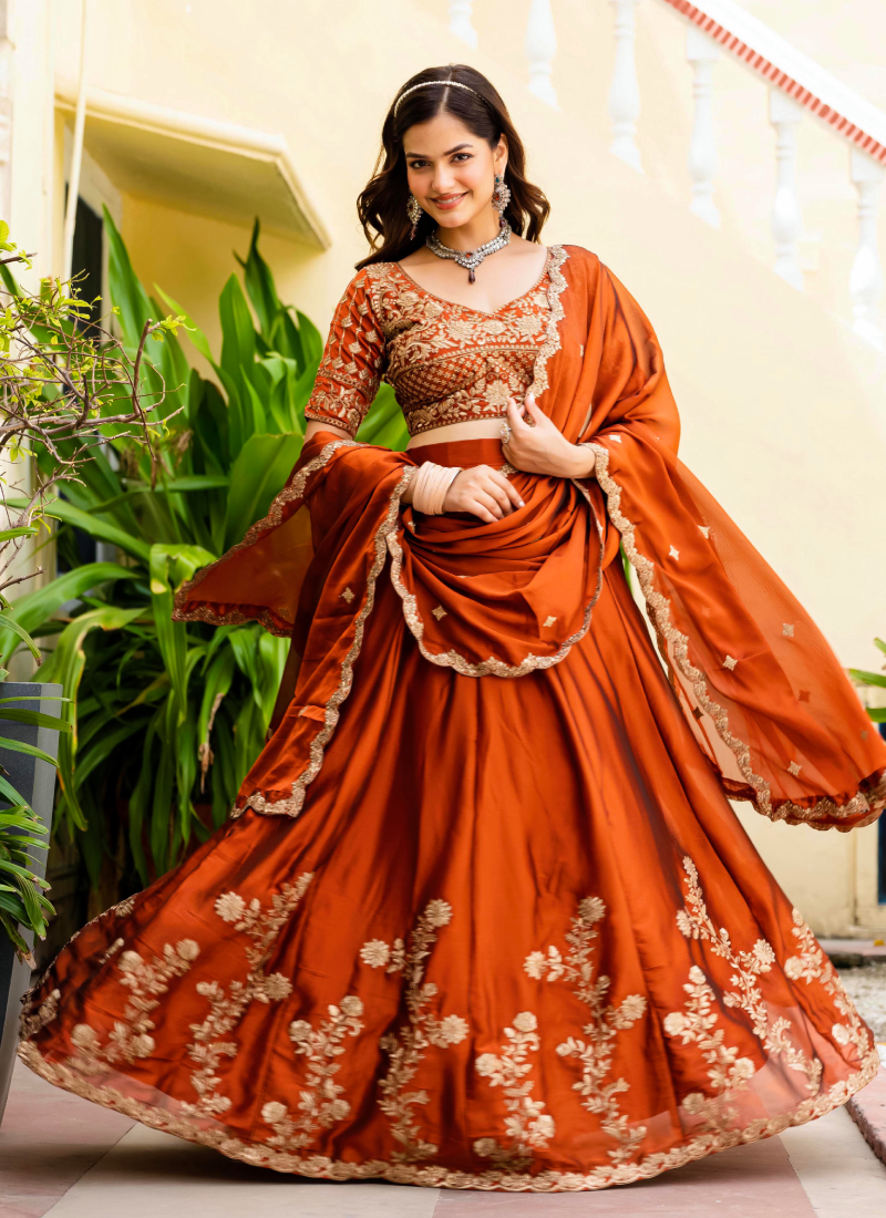 Dainty Zari Embroidered Work Orange Silk Lehenga Choli Set For Women