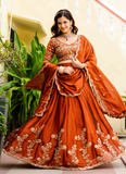 Dainty Zari Embroidered Work Orange Silk Lehenga Choli Set For Women