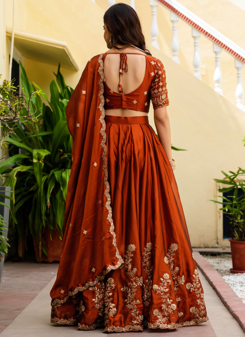 Dainty Zari Embroidered Work Orange Silk Lehenga Choli Set For Women