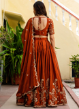 Dainty Zari Embroidered Work Orange Silk Lehenga Choli Set For Women