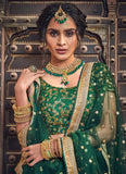 Dark Green Zari Embroidered Soft Net Lehenga Choli For Bridal