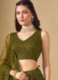 Dazzling Embroidered Work Mehendi Green Lehenga Choli For Wedding