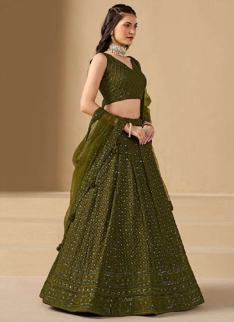 Dazzling Embroidered Work Mehendi Green Lehenga Choli For Wedding