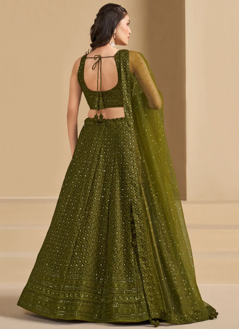 Dazzling Embroidered Work Mehendi Green Lehenga Choli For Wedding
