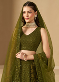 Dazzling Embroidered Work Mehendi Green Lehenga Choli For Wedding