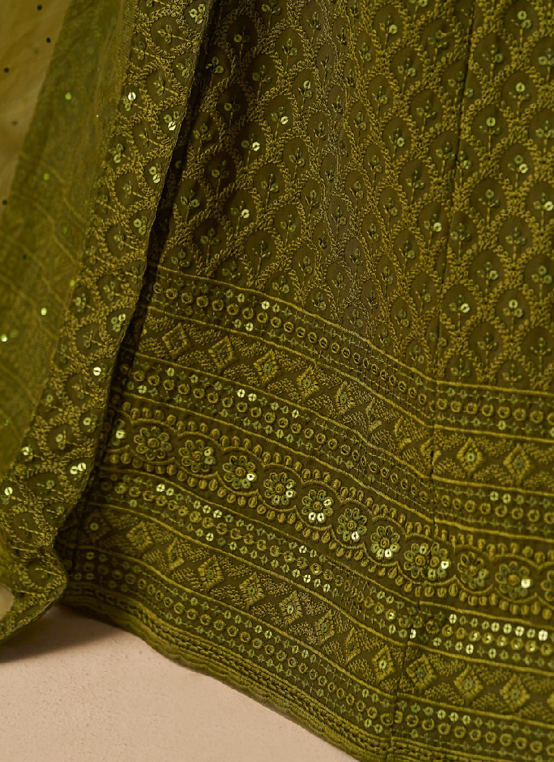 Dazzling Embroidered Work Mehendi Green Lehenga Choli For Wedding