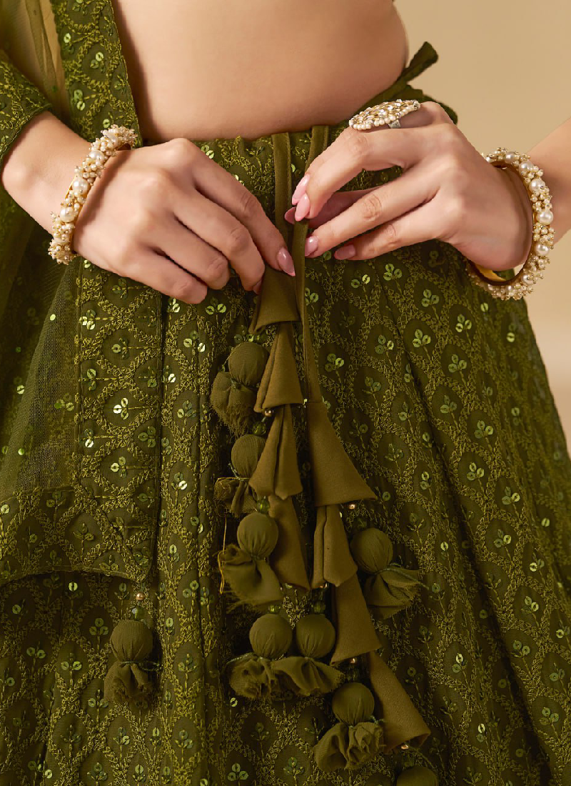 Dazzling Embroidered Work Mehendi Green Lehenga Choli For Wedding